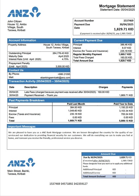 Download Kiribati ANZ Bank mortgage statement Word and PDF template Photoshop template